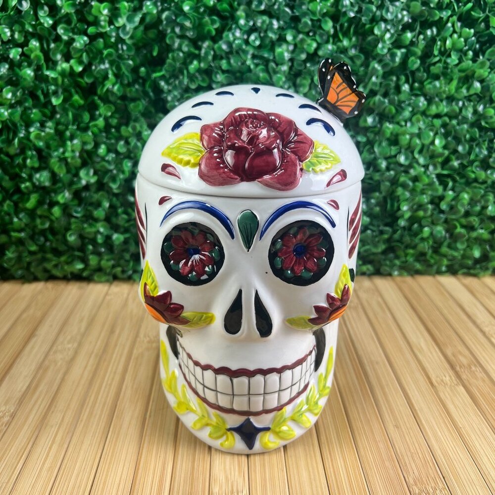 New Destination Holiday Day Of The Dead Sugar Skull Ceramic 9" Jar Lid Halloween